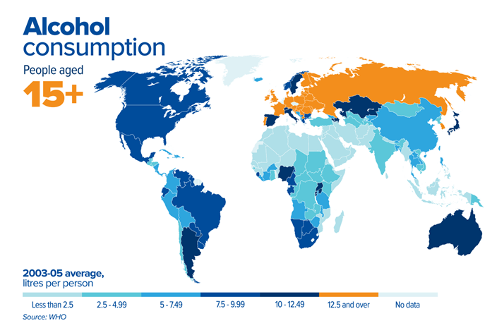 Map of alcohol consumption among people 15+